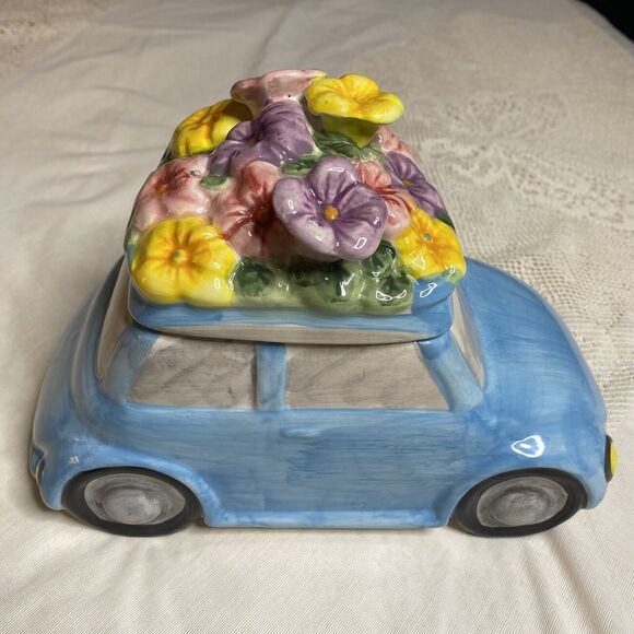 Vtg Maxcera Cookie Jar Volkswagen Beetle VW Bug Car Blue Ceramic Spring Flowers - Picture 2 of 10